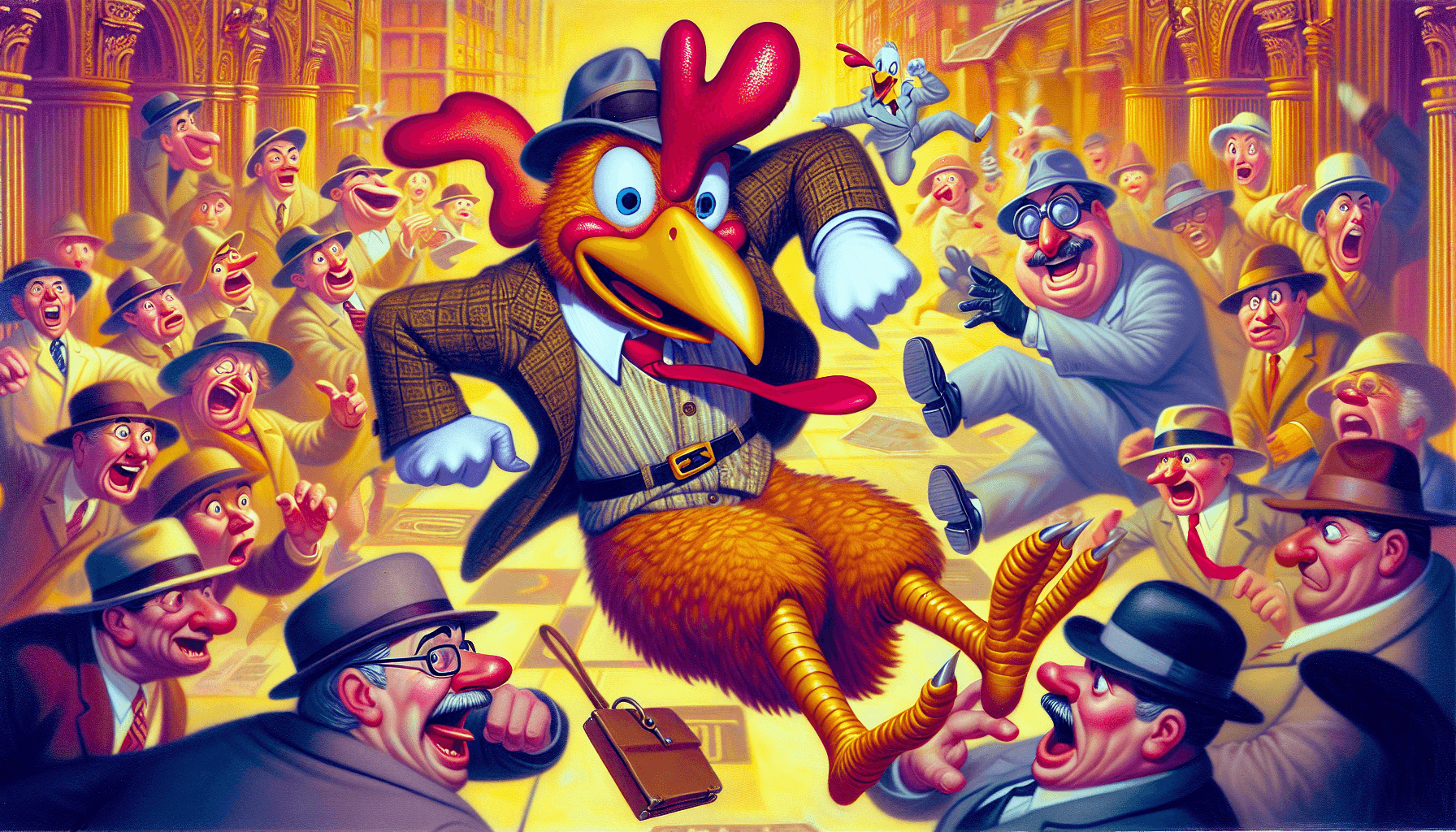Agent Cluck escapando de um vilão cômico