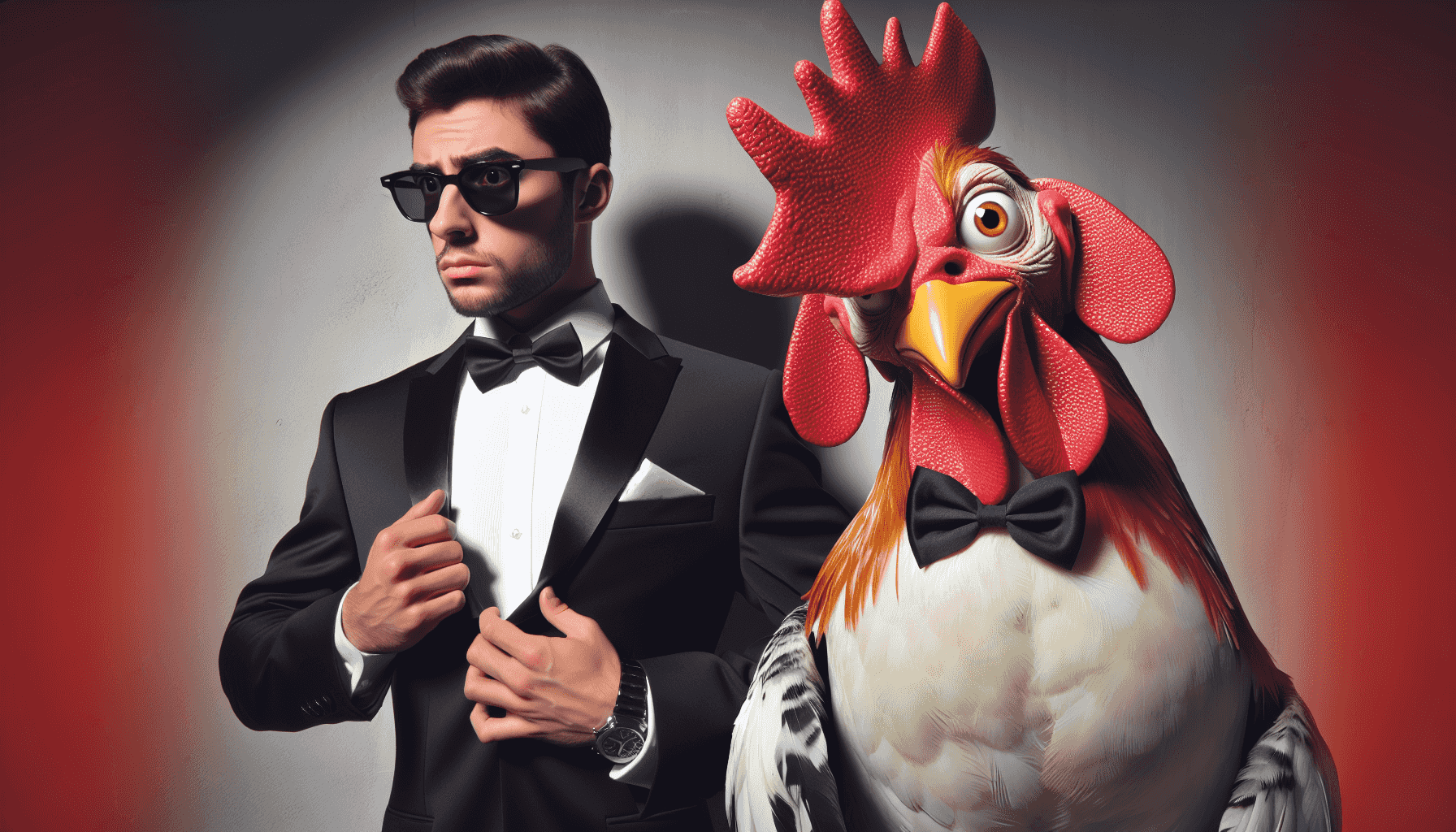 Agent Cluck em um smoking, parodiando um filme de espionagem